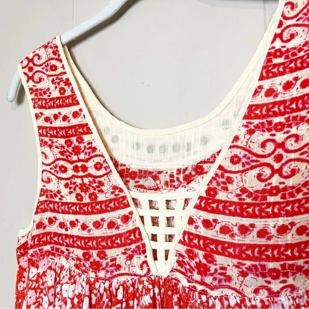 Free People Lucky Coin Sleeveless Top XS linen red floral tank blouse flowy boho